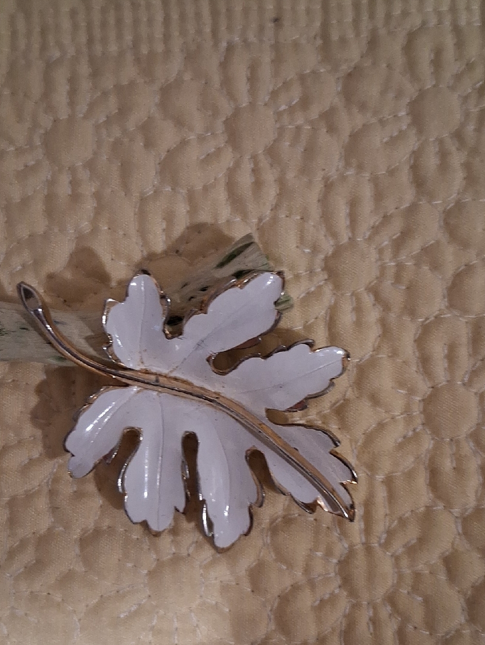 Leaf-Shaped White Enamel Brooch with Gold Trim